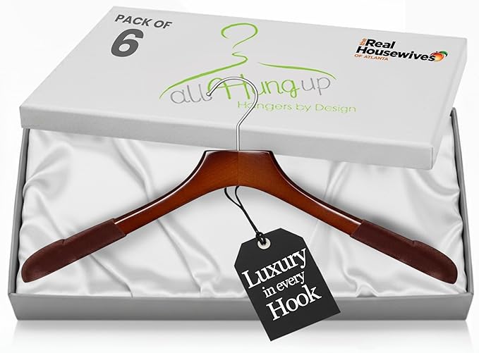 Premium Luxe Wooden Hangers for Women, Wide Shoulder Design for Dresses, Skirts, Sweaters & Blouses, Heavy Duty with Velvet Grip, High Gloss Brown with Brown Velvet, 6 pcs