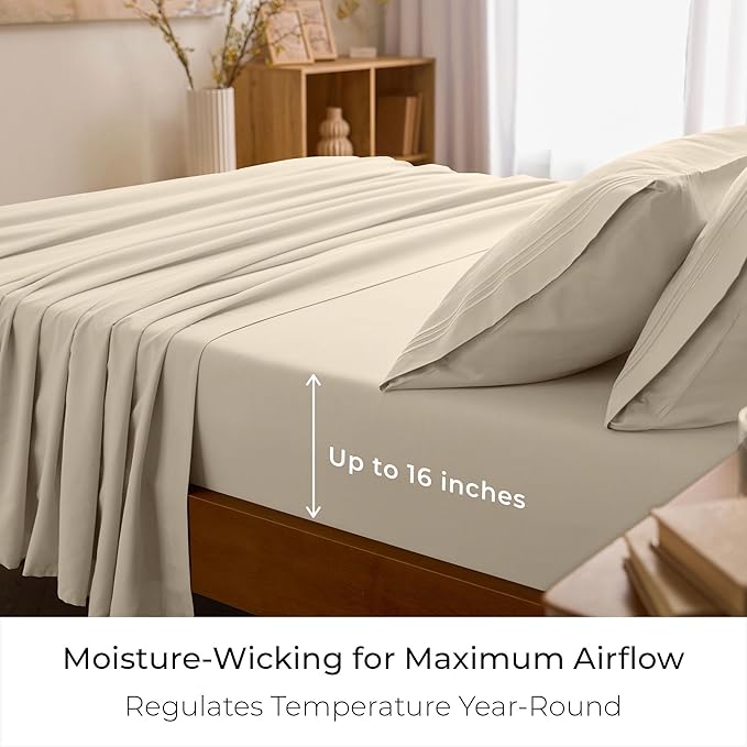 Mellanni Twin Sheet Set - 4-Piece Iconic Collection Bedding, (Including 2 Pillowcases), 16-Inch Deep Pocket, Easy Care, Extra Soft, Cooling Sheets, Brushed Microfiber - Beige