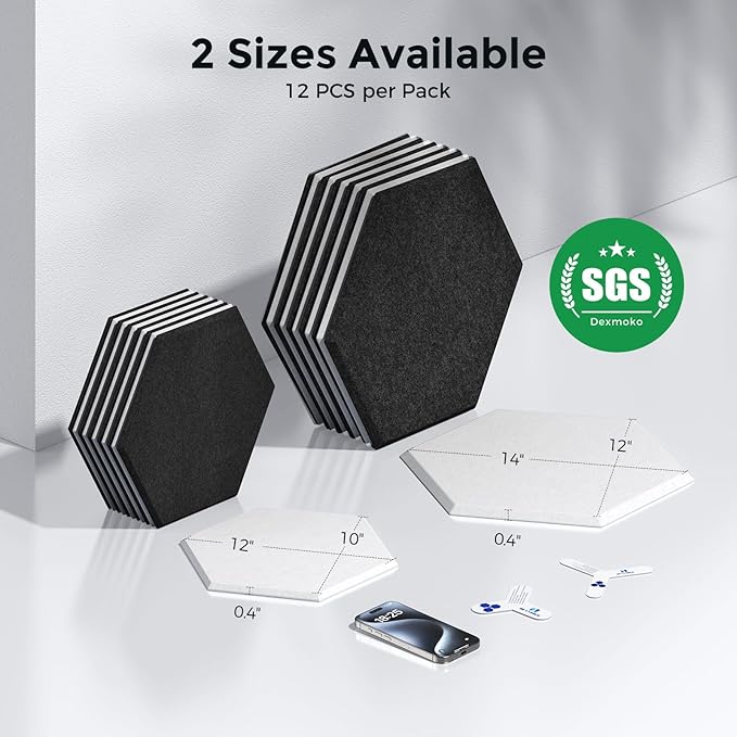 Self-Adhesive Acoustic Panels [390 lbs/yd³ Ultra-High Density], 2nd Generation Sound Absorbing Panel, Professional Level Sound Panel, Polyester Soundproof Foam [Size L, White & Black]