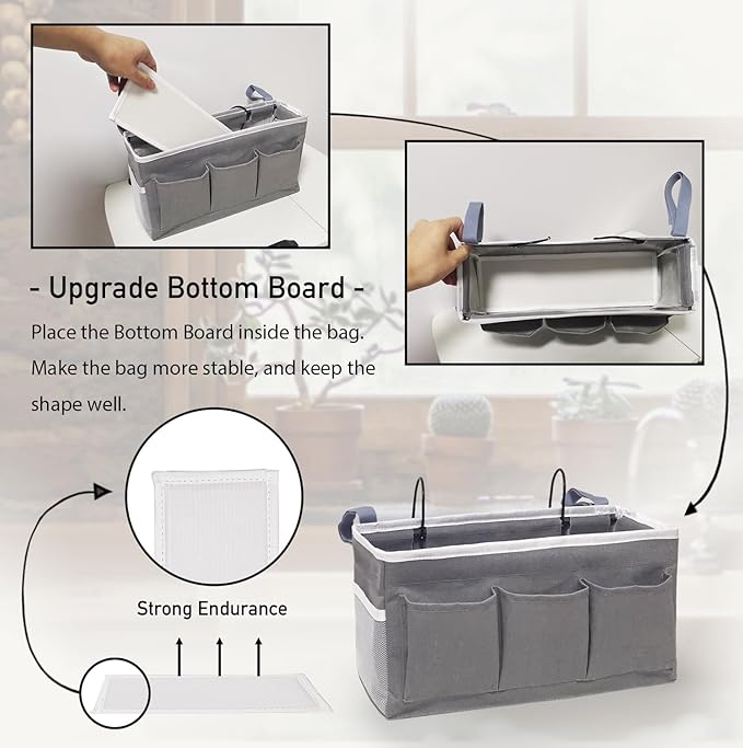 Kanrichu Bedside Caddy Storage Organizer - 2pcs Hanging Bag Holder with Pockets for Bedroom, Loft, Tent, Curtain, Bunk bed Shelf Accessories (Gray)