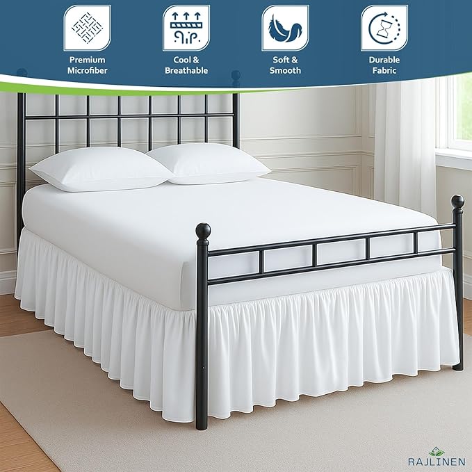 Rajlinen Ruffled Bed Skirt California King, 24 Inch Drop Dust Ruffle with Split Corners, 100% Microfiber Bedskirt with Platform, Three-Sided Coverage Ruffled Gathering Design, White