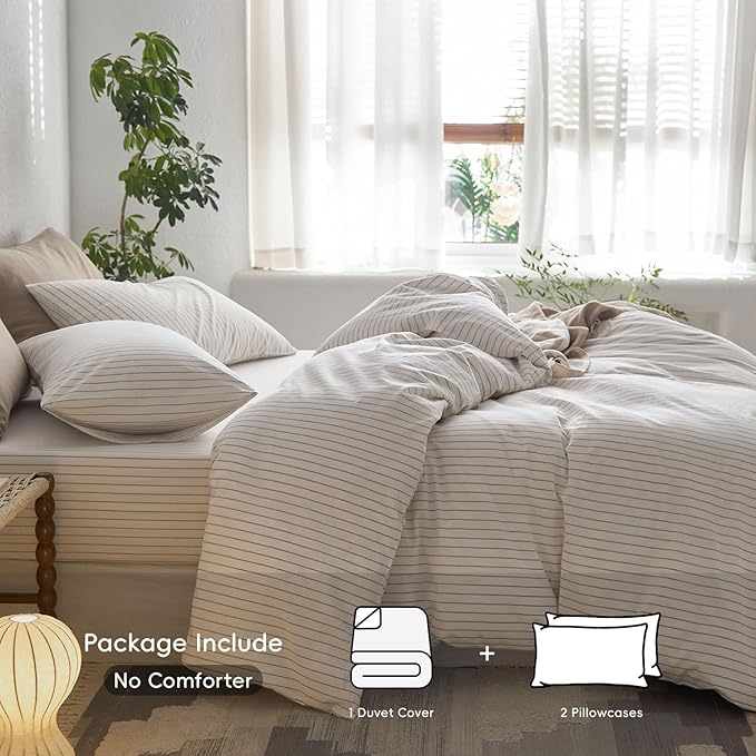 MooMee Striped Duvet Cover Set 100% Washed Cotton Linen Like Textured Breathable Durable Soft Comfy (White Tannish Linen Grey Wide Stripes, Super King 108"x98")