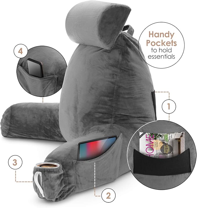Nestl Reading Pillow with Shredded Memory Foam Includes 2 Neck and Lumber Support Pillows, Designed for Sitting Up in Bed and Couch, Back and Arms Adjustable Support for Adult & Teens, Dark Grey