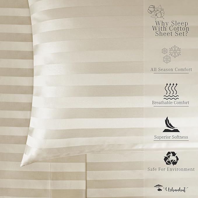 URBANHUT 800 Thread Count 100% Cotton Damask Full Size Sheets, 4 Piece Striped Full Size Bedsheets, Luxury Hotel Sheets Sateen Weave - Better Than Egyptian, 16" Elasticized Deep Pocket- Ivory