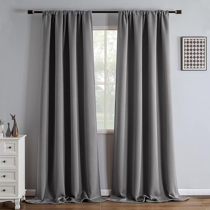 Blackout Curtains 108 Inch Length 2 Panels Set, Black Out Curtains for Bedroom 108 Inch Long, Rod Pocket Energy Saving Room Darkening Drapes for Living Room Light Grey(W52 x L108)