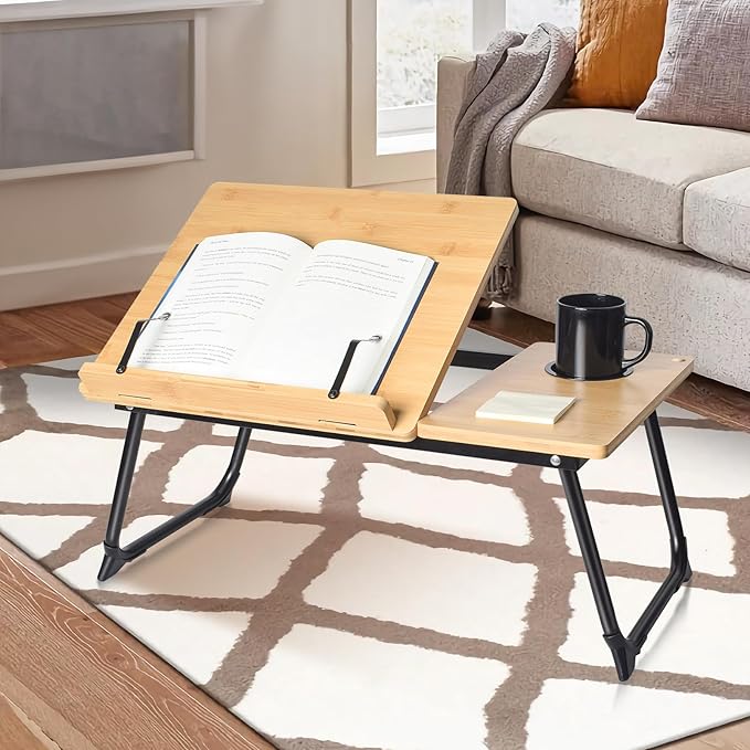 wishacc Book Stand for Reading in Bed, Bamboo Laptop Stand Adjustable Book Holder Tray with Page Paper Clips Multi Angles Adjustable Cooking Bookstands for Textbook Recipe Magazine Tablet Portable