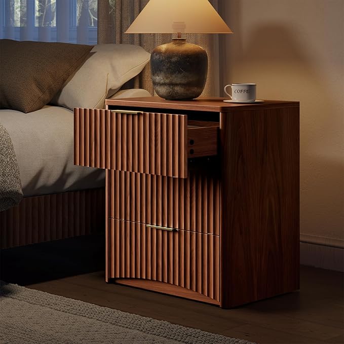 Evermagin Fluted Nightstand, Walnut Bedside Table with 3 Drawers, Wood End Table with Storage Mid Century Modern, Large Night Stand for Bedroom