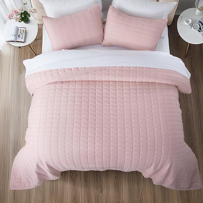 KASENTEX Queen XL Quilt Set 98"x98" – Soft Washed 3-Layer Lightweight Bedspread, Minimalist Nordic Design, All-Season Spring & Summer Quilt Set (1 Quilt + 2 Pillow Shams), Blush Pink