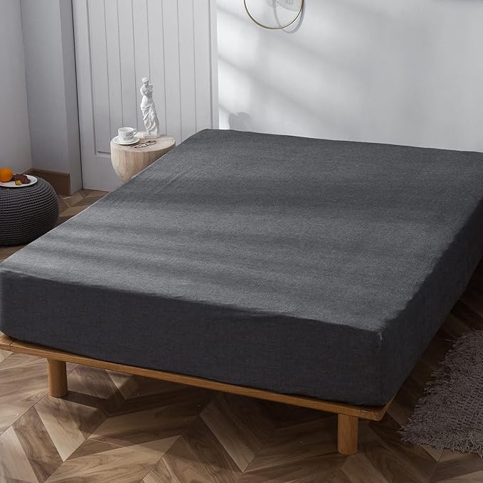 MooMee Fitted Bottom Sheet Only 100% Washed Cotton Linen Like Textured Breathable Durable Soft Comfy Deep Pocket Fits Mattress up to 17" (Dark Grey, Queen)