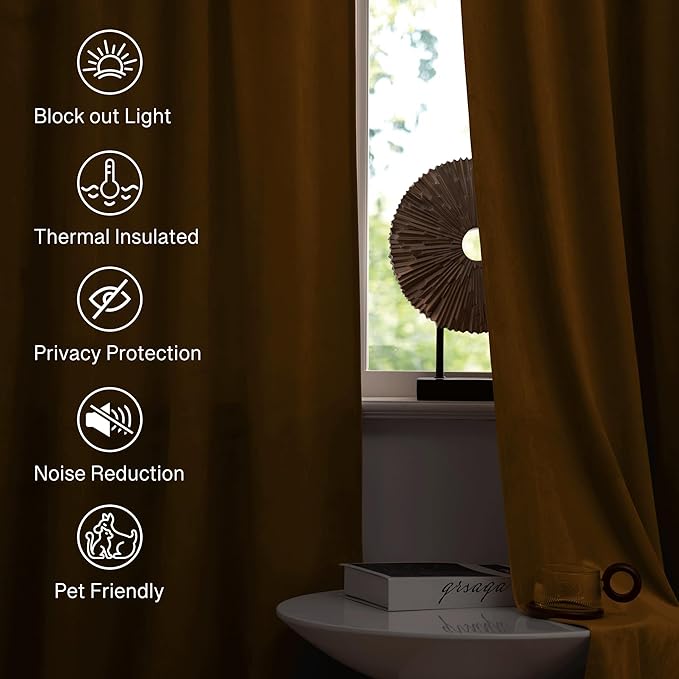 StangH Gold Brown Velvet Curtains for Bedroom, Autumn Curtains Blackout Room Darkening Thermal Insulated Window Drapes for Living Room/Office/Apartment/Bathroom, W52 x L84, 2 Panels
