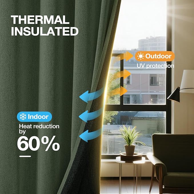 100% Blackout Curtains 102 inch Length 2 Panels for Living Room, Linen-Look Textured Room Darkening Thermal Insulated Noise Reduction Farmhouse Drapes for Bedroom (W52xL102, Olive)