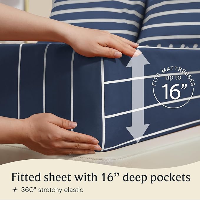 LuxClub 4 PC Queen Sheet Set, Deep Pockets Wrinkle Free Cooling Bed Sheets Hotel Bedding for Women, Men, Includes 1 Fitted Sheet, 1 Flat Sheet and 2 Pillowcases-Striped - Navy