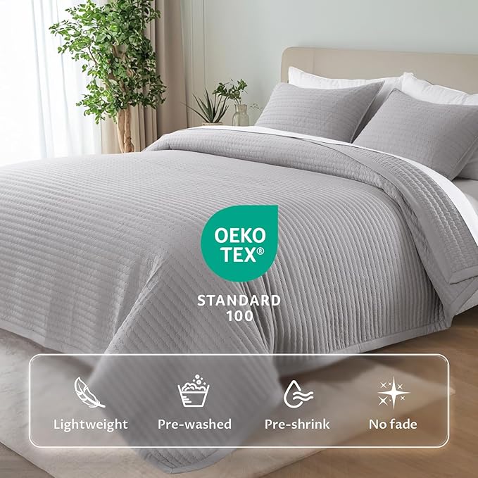 KASENTEX Twin Quilt Set 68"x86" – Soft Washed 3-Layer Lightweight Bedspread, Minimalist Nordic Design, All-Season Spring & Summer Quilt Set (1 Quilt + 2 Pillow Shams), Gull