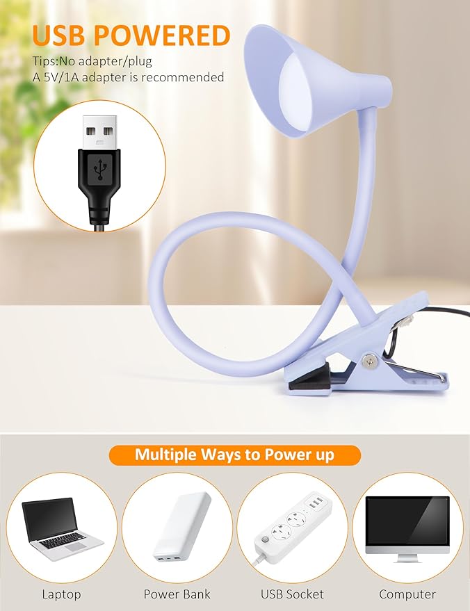 Clip on Light USB Reading Light, Eye Care Dimmable Reading Lamp Flexible Gooseneck Clip on Lamp for Bed Headboard Desk Bedside Dorm - Purple