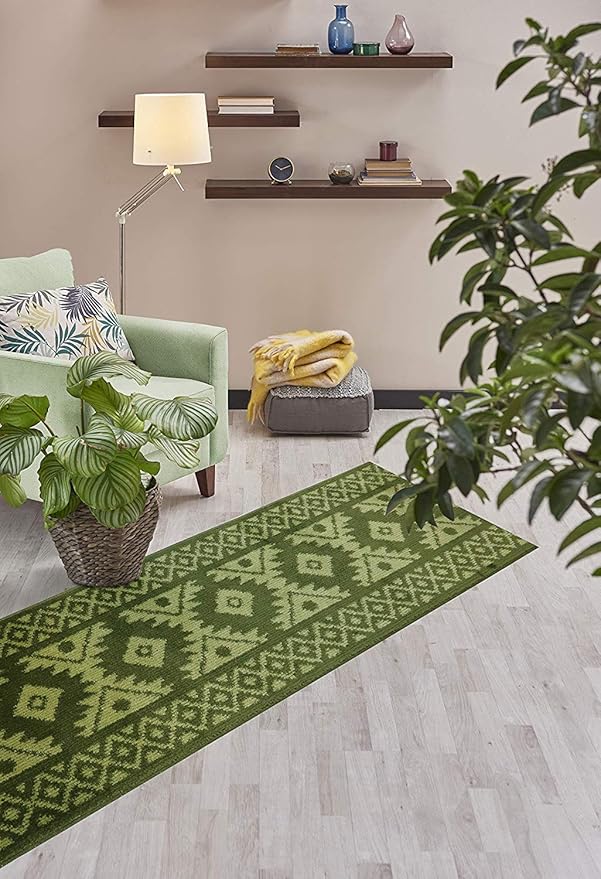 Custom Length Hallway Runner Rug,Slip Resistant,Southwestern Green, 26 Inch X 24 feet, Sold and Priced Per Foot