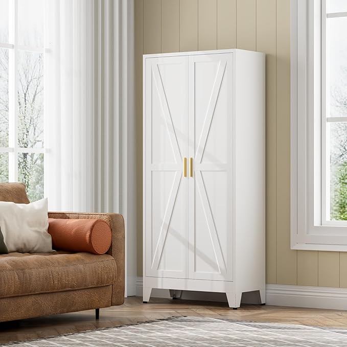 COFaR White Farmhouse Storage Kitchen Pantry Cabinet with 2 Barn Door, 3 Adjustable Shelves and Legs, for Cupboard/Dining Room/Bathroom/Living Room/Office/Laundry Room (White, 61" Farmhouse)