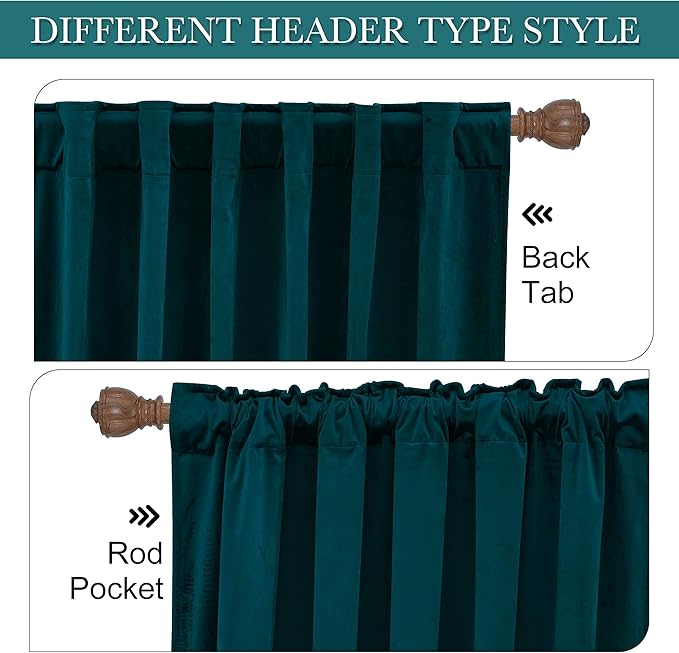 RYB Home Velvet Curtains 2 Panels Set - Super Soft Durable Window Drapes Room Darkening Energy Smart Back Tap for Apartment Villa Room Backdrops, Peacock Blue, W52 x L96 inches, 2 Panels