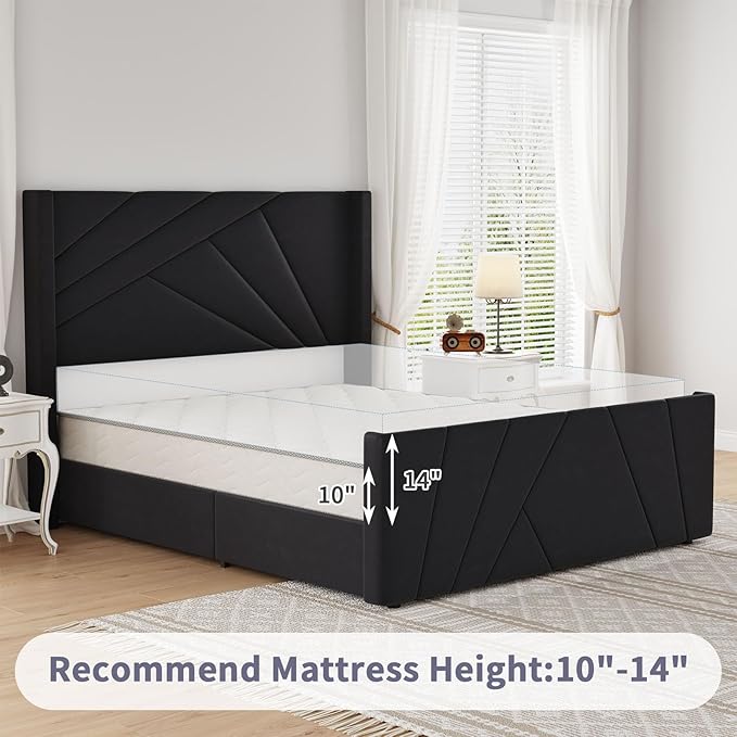 BarnFurin Full Size Upholstered BedFrame, Velvet Platform Bedwith Geometric TuftedHeadboard& Footboard, Wingback Design, attress Foundation with Wooden Slats, No Box Spring,Needed NoiseFree.Black