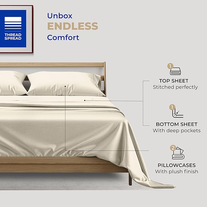 THREAD SPREAD 100% Cotton Full Size Bed Sheet Set - 400 Thread Count, Soft, Cooling Sheets for Full Bed, Luxury Hotel Sheets, Fits Upto 18" Deep Pocket Mattress (Ivory)