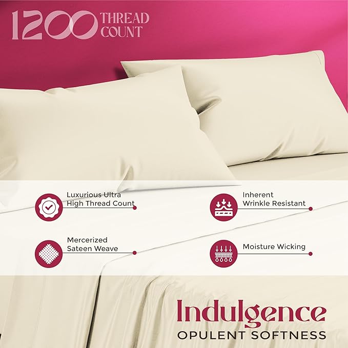 Mayfair Linen 100% Egyptian Cotton Queen Sheet Set - Luxury 1200 High Thread Count Egyptian Cotton Sheets Queen Size (4 PC, Ivory), Silky Soft, Cooling, 17" Deep Pocket Sateen Weave Hotel Bedding