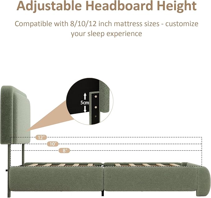 Full Size Platform Bed Frame with Headboard, Boucle Upholstered Desige, Anti-Collision Corners, Soft Rounded Corners, No Box Spring Required, Easy Assembly, Noise Free