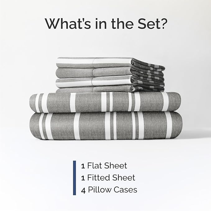 Queen 6 Piece Sheet Set - Cooling, Comfy & Breathable - Hotel Luxury Bedding, Includes Fitted Sheet for Women, Men, Kids & Teens - 1 Flat, 1 Fitted Sheet, 4 Pillowcases w/Deep Pockets - Grey Stripes