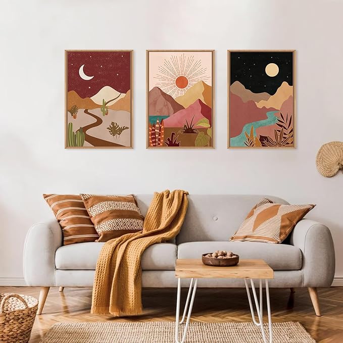 LHIUEM Large Boho Southwest Mountain Framed Canvas Wall Art,Abstract Desert Colorful Wall Decor,Nature Moon and Sun Wall Painting,Bohemian Artwork for Living Room,Bedroom,Dining Room,Office -24"x36"x3