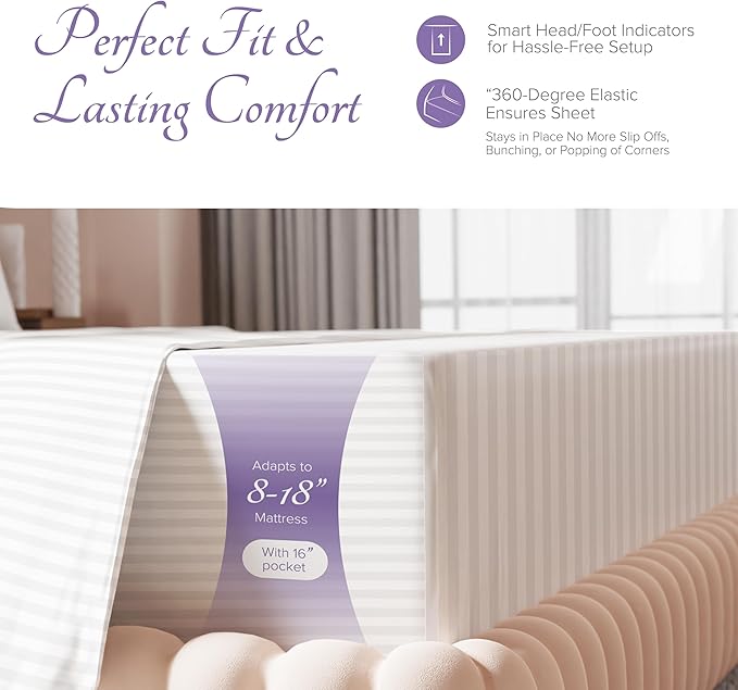 Carressa Linen Luxury Egyptian Cotton Twin Stripe Sheet Set - 600 Thread Count Extra Long Staple 3 PC Set, Crisp White Twin Damask Sheets, Soft, Cooling Sateen Weave Sheets Upto 18 in Deep Pocket