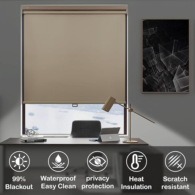 HESTIA No Drill Cordless Blackout Roller Shades Screwless Waterproof Shower Window Blinds, Auto-Retraction Easy Install Blind for Bathroom/Kitchen/Office/Exterior, Greige, 44" W x 54" H