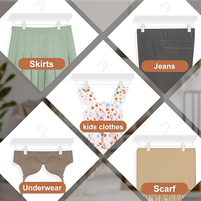TOPIA HANGER Lotus Wood Pants Hangers, Skirt Short Bridal Trousers Slacks Hangers with 2 Premium Adjustable White Metal Clips with Rubber Stopper Padded 360° Swivel White Hook 20 Pack, CT55W20