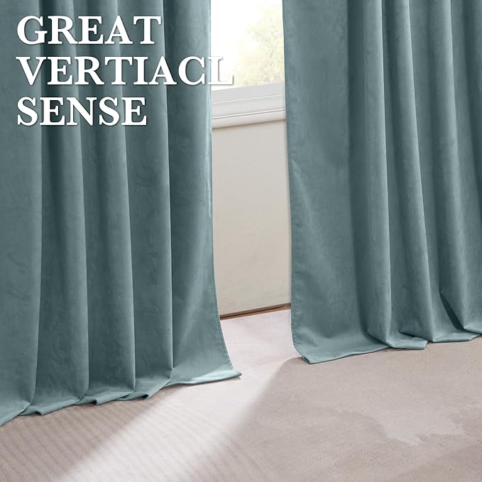 RYB HOME 100% Blackout Blue Velvet Curtains 84 inches, Back Tab Thermal Insulated Noise Reducing Curtains & Drapes for Living Room Kids Bedroom, Stone Blue, 52W x 84L, Set of 2 Panels
