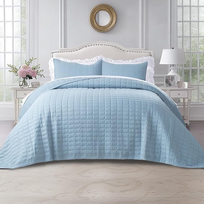 KASENTEX King XL Quilt Set 108"x98" – Soft Washed 3-Layer Lightweight Bedspread, Minimalist Nordic Design, All-Season Spring & Summer Quilt Set (1 Quilt + 2 Pillow Shams), Grey Blue