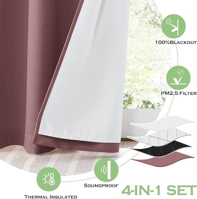 KGORGE Anti Dust Soundproof 100% Blackout Curtains 4 Layers Heavy Duty Energy Efficiency Window Curtains for Living Room Baby Bedroom Home Office Studio, Wide 52 x Long 95 inches, Dusty Rose, 2 Panels