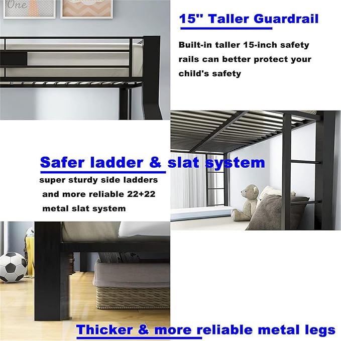 Upgraded Version Thicken Metal Heavy-Duty Queen Over Queen Bunk Bed, Best Industrial Style Stronger Queen Size Bunk Bed Frame with Ladder for Adults, Easy Assembly (Queen Over Queen-A)