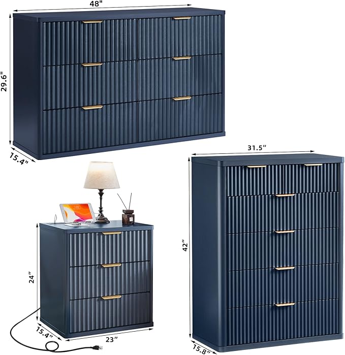 LEYAOYAO 42" Tall Fluted Dresser and 3 Drawers 23" Nightstand Set of 2, Wooden Dresser & Night Stand with Charging Station, 3 Piece Bedroom Furniture Set, Chest of Drawer for Living Room,Navy Blue