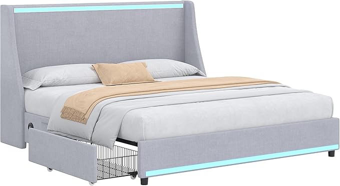 VECELO Queen Size Bed Frame with Storage Drawers, Upholstered Platform Bedframe with Wingback Headboard, No Box Spring Needed, Classic Grey