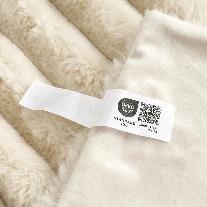 Cozy Bliss Faux Fur Throw Blanket for Couch, Cozy Warm Plush Striped Blanket for Sofa Bedroom Living Room, 90 * 90 Inches Beige