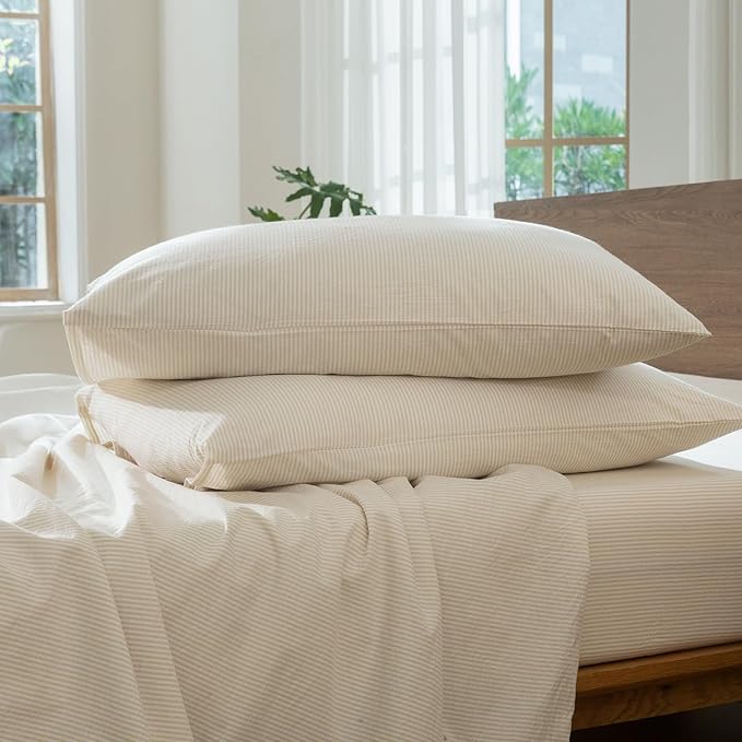 MooMee Striped Duvet Cover Set 100% Washed Cotton Linen Like Textured Breathable Durable Soft Comfy (Almond Milk Grey Pinstripes, Alaska King 132"x120")