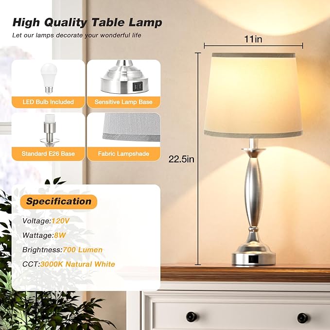 Bedrooms Touch Control Bedside Lamp with USB C+A, 3 Way Dimmable Nightstand Lamps with USB Port, Brushed Nickel Table Lamp for Living Room Guest Room Bed Side End Table, Set of 2