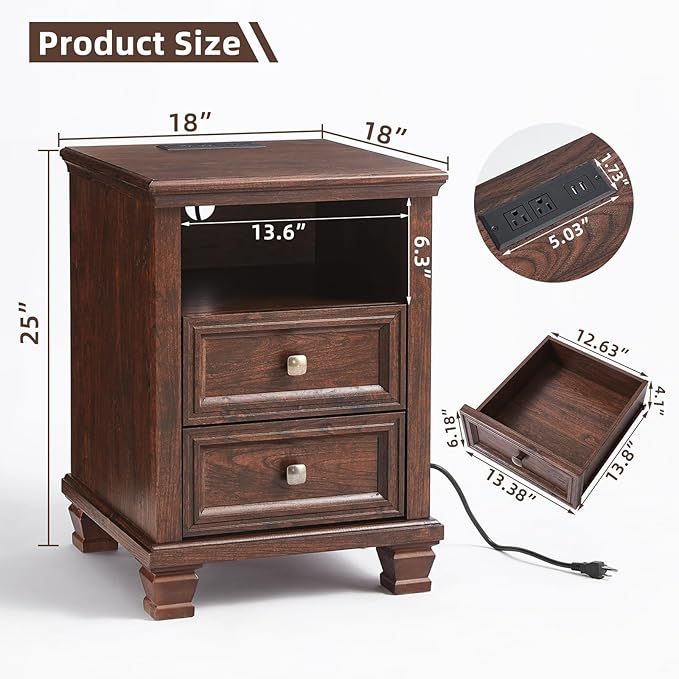 SAVOR LIFE Farmhouse Nightstand Set of 2 with Charging Station, Rustic Brown Nightstand, 2 Drawers End Table, Bedside Table with Open Shelf for Bedroom, Walnut
