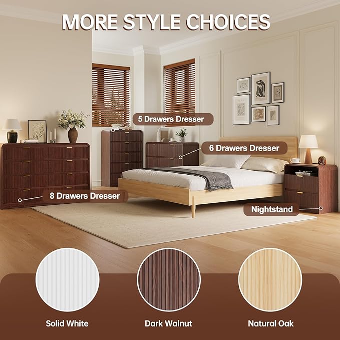 FURSUN 24" Fluted Nightstand with Charging Station, Wooden End Table with 2 Drawers Storage, Curved Profile Design, Modern Bedside Cabinet for Bedroom, Walnut