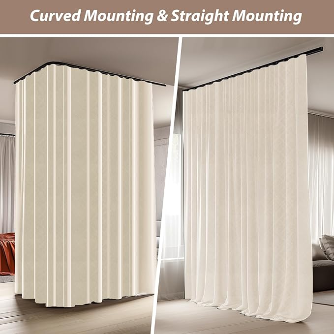 Room Divider Curtains with Ceiling Curtain Track Set Window Curtain for Bedroom,Living Room Total Blackout Thermal Insulated Privacy Ceiling Track Curtain W 15 × H 7 FT Beige drape&Black track