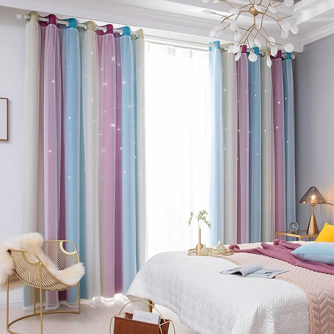 Star Blackout Curtains - Bedroom Cute Kids Rainbow, 63 Inch Long 2 Panels, Purple & Blue, 42 X 63 Inches