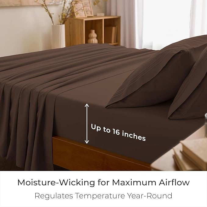 Mellanni Twin Sheet Set - 4-Piece Iconic Collection Bedding, (Including 2 Pillowcases), 16-Inch Deep Pocket, Easy Care, Extra Soft, Cooling Sheets, Brushed Microfiber - Brown