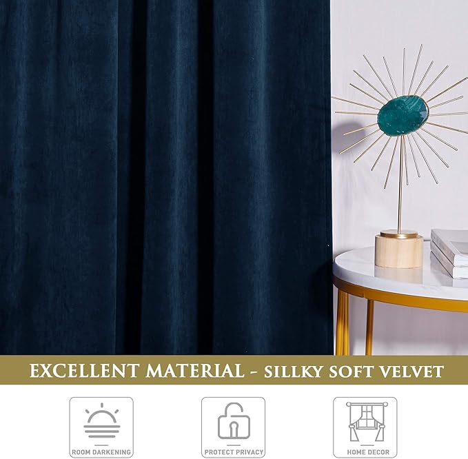 StangH 120 inches Long Blackout Velvet Curtains - Navy Blue Light Blocking Thermal Insulated Window Curtains for Bedroom Living Room, High Ceiling Backdrops for Office, W52 x L120, 2 Panels