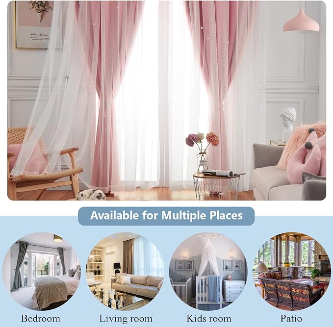 Star Double Layer Blackout Curtains for Bedroom & Kids, Cute, 72 Inches Long, 2 Panels Set, Pink, 42 X 72 Inches