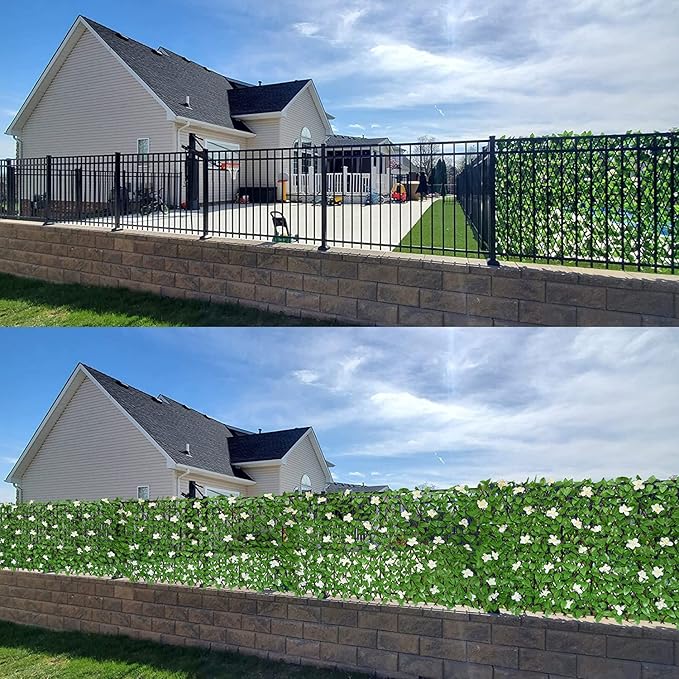 GLANT Expandable Fence Privacy Screen for Balcony Patio Outdoor,Decorative Faux Ivy Fencing Panel,Artificial Hedges (Single Sided Leaves) (4, Green-Flowers)