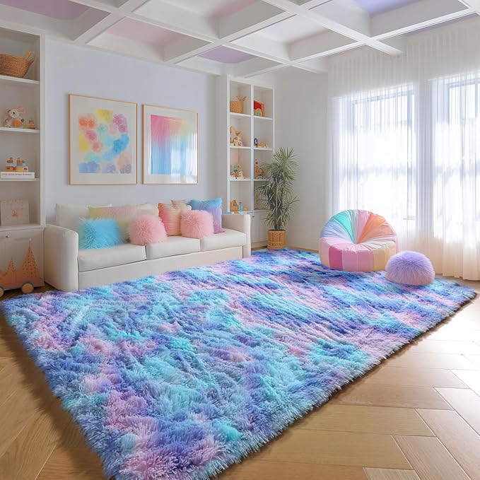 PAGISOFE Cute Kawaii Purple Rainbow Rug for Girls Bedroom, 5x8 Washable Area Rug, Soft Fluffy Shag Rug for Girls Room Baby Kids Playroom Nursery Classroom Plush Furry Mermaid Rug, Fuzzy Pastel Carpet
