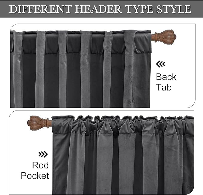 RYB Home Grey Velvet Curtains for Living Room - 84 inches Super Soft Luxury Back Tap Window Drapes Darkening Thermal Insulated Panels for Bedroom Sliding Door Dining Room, W52 x L84, 2 Pieces