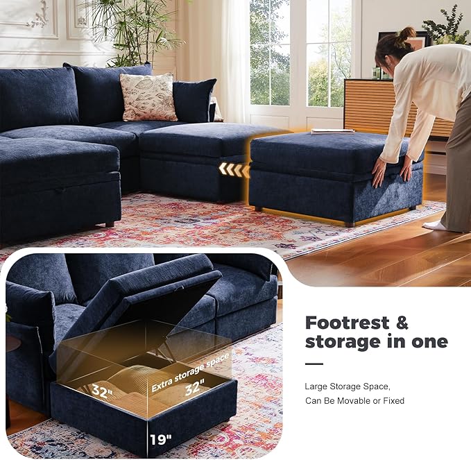 ABCASA 102.6" Luxury Modular Sleeper Sofa Bed 6 Seat Reversible Sectional Couch Deep Seat with Storage Chaises Removable Cover for Living Room, Apartment - Chenille Blue